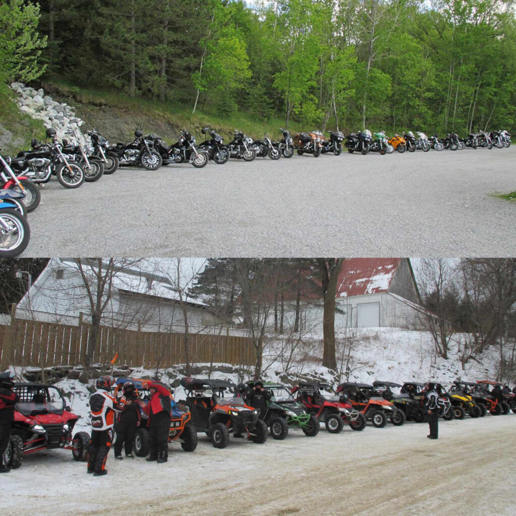 Deux photos montrent des motos et des côte-à-côtés remplir le stationnement du Brandy Creek
